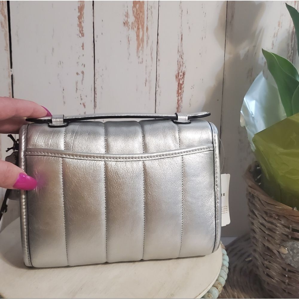 Coach RETAIL Metallic Silver Quilted Leather Turnlock Crossbody Bag - Picture 7 of 12